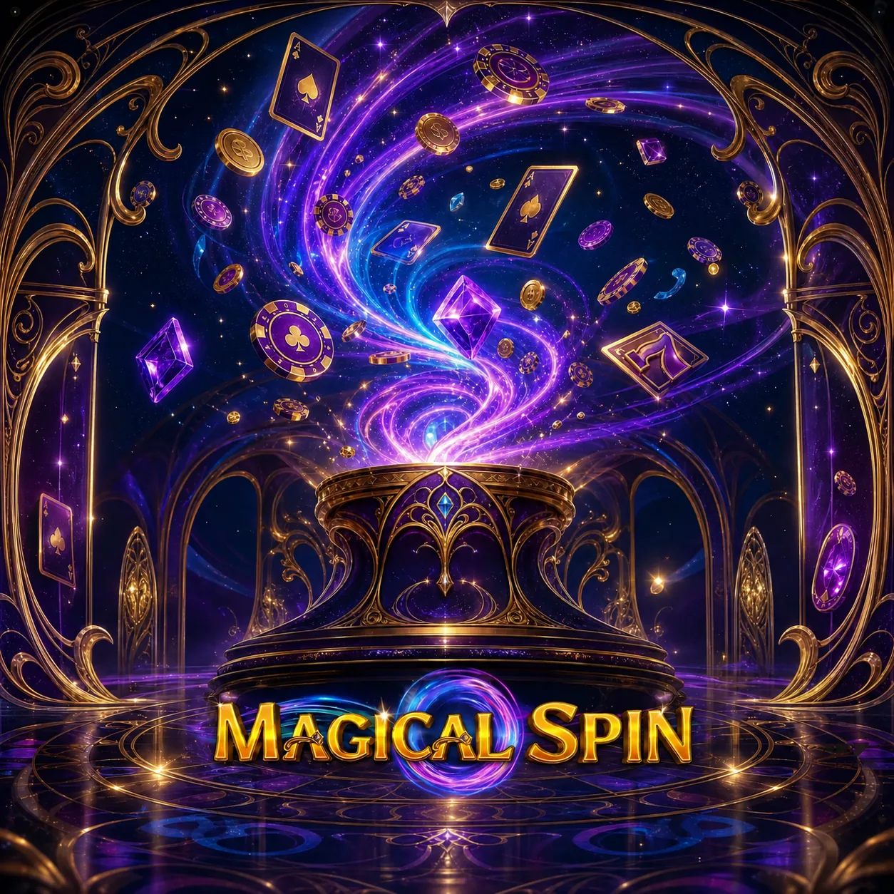 Magical Spin, coffre et cartes dans un décor magique