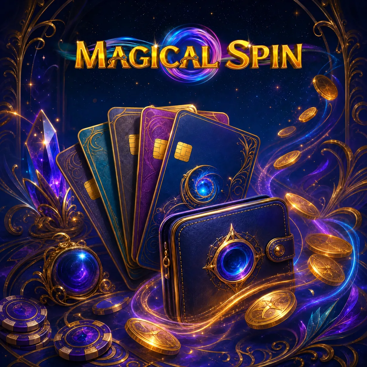Magical Spin, cartes et portefeuille dans un décor magique