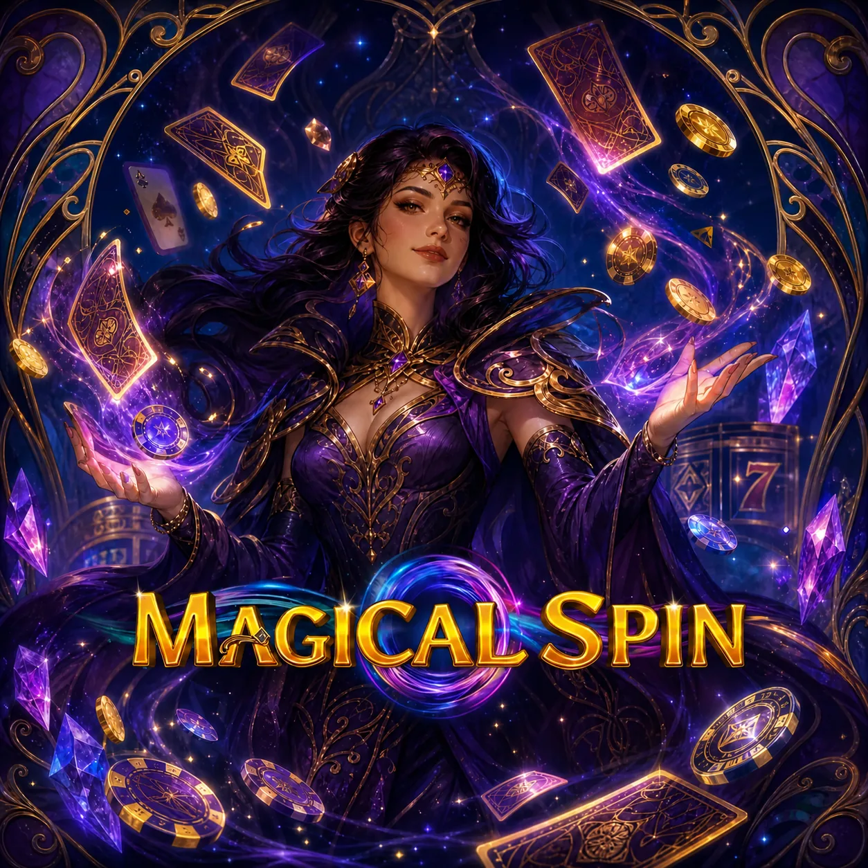 Magical Spin, sorcière et cartes dans un décor magique